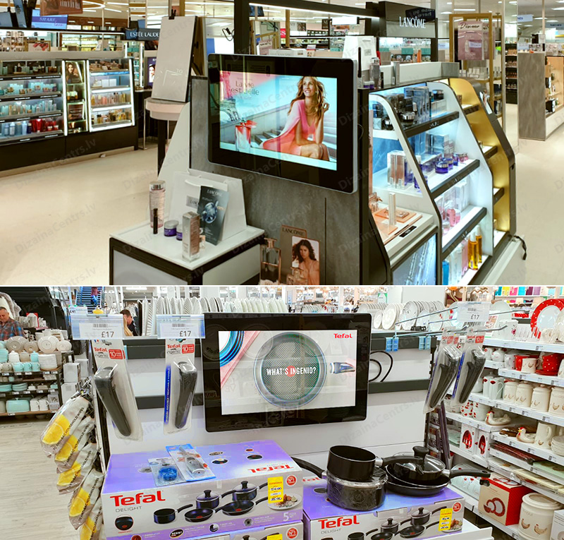 Digitalie reklamas stendi mobilie POS produktu Perenosnie promo stoiki magazinov Retail digital signage 2025