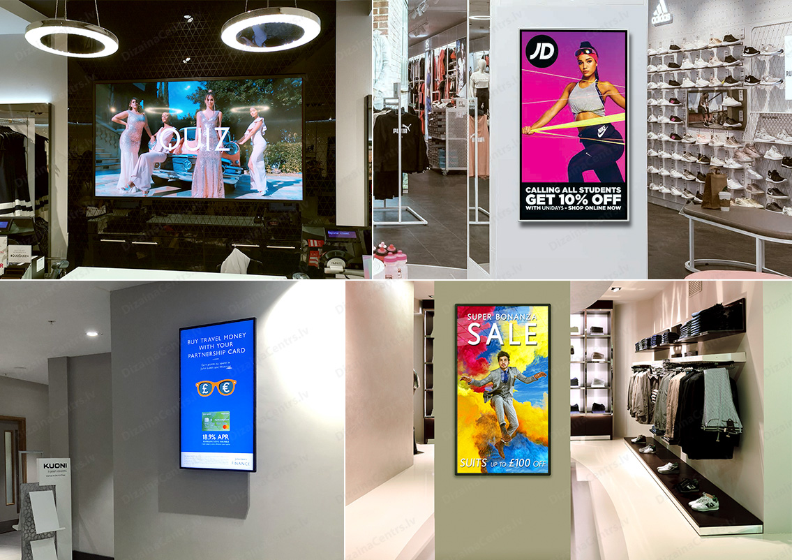 Ekrani video veikalu Monitori vitrin magazinov Digital signage interior displays 2025