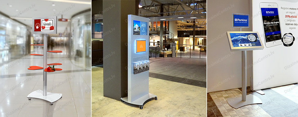 Skarienjutigie ekrani touch kioski stendi piloni Digitalas reklamas dizains 2022