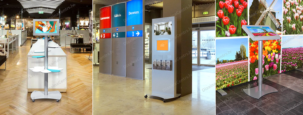 Interaktīvie stendi 2023 Skarienjutigie ekrani touch stendi kioski piloni Digitalais dizains reklama 2023
