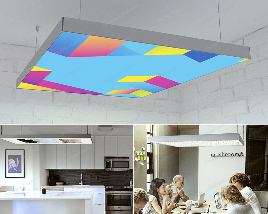 Gaismas griesti iekaramie Lighted hanged ceiling Podvesnie svetovie potolki 2023