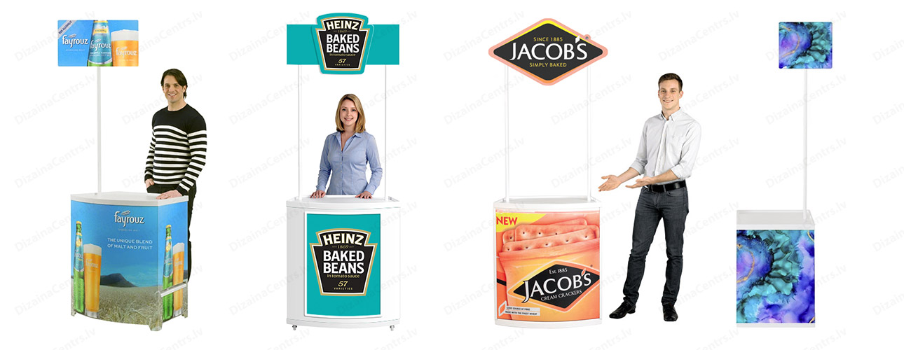 Reklāmas Stendi Galdi 2025 Prezentaciju degustaciju letes saliekami parnesajami reklamas galdini logo plaksne 2025