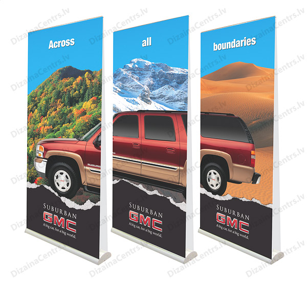 Roll Up Stendi 2025 Roll Up Stendu Plakatsiena vairaki 1x2,15m izvelkamie 2025
