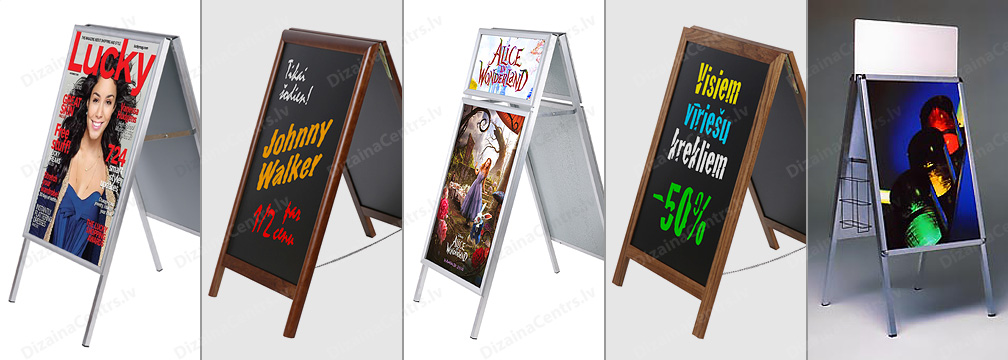Plakatu stendi informacijas slieteni tafeles stativi turetaji menu 2025