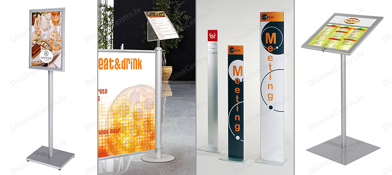 Plakatu stendi informacijas stativi barjeras stabini menu turetaji 2025