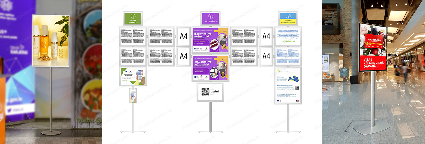 Reklamas stendi informacijas stativi Napolnye reklamnye stoyki Information poster poles frames 2025