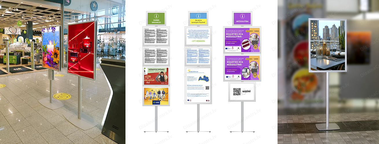 Reklamas stendi plakatu stativi Napolnye informacionnye stoyki Advertising posts info frames 2025
